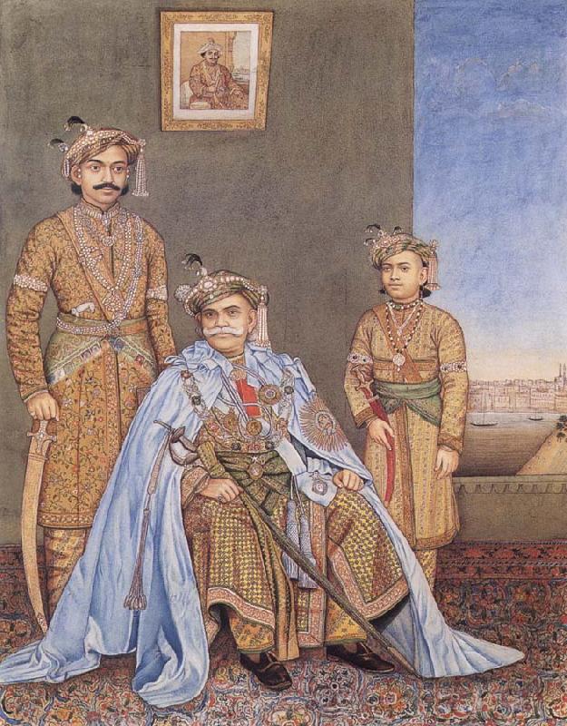 Madho Prasad,Ramnagar His Highness Ishwari Prasad Narayan Singh,Maharaia of Benares Seated,with Prabhu Narayan Singh and Aditya Narayan Singh Standing Behind as well as a p